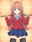  1girl aisaka_taiga bokken brown_hair highres long_hair red_eyes school_uniform solo standing sword thigh-highs toradora! tsubu_c weapon wooden_sword 