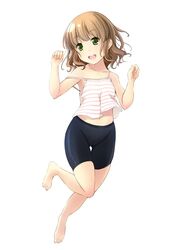  1girl barefoot bike_shorts brown_hair camisole green_eyes jumping midriff navel open_mouth original short_hair shorts smile solo strap_slip thigh_gap white_background 