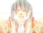  1girl 39 :d ameriya blush closed_eyes collarbone dress floral_background green_hair hair_ribbon hatsune_miku head_tilt long_hair number open_mouth ribbon smile solo sundress twintails upper_body vocaloid white_background white_dress 