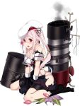  1girl bare_shoulders beret between_legs black_serafuku black_skirt blue_hair blush broken chain damaged drum_(container) flower gloves gradient_hair hair_ornament hair_ribbon hand_between_legs harusame_(kantai_collection) hat kantai_collection kujou_ichiso long_hair looking_at_viewer machinery multicolored_hair official_art open_mouth panties pink_hair pink_panties pleated_skirt red_eyes ribbon school_uniform serafuku shirt side_ponytail sitting skirt smoke solo torn_clothes torn_shirt torn_skirt torpedo transparent_background underwear v_arms wariza 