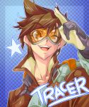  1girl ;d character_name checkered checkered_background commentary_request gloves goggles highres one_eye_closed open_mouth overwatch salute short_hair smile solo sunglasses tracer_(overwatch) upper_body yoshitsuki 