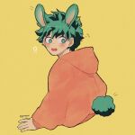  !? 1boy animal_ears artist_name blush boku_no_hero_academia bright_pupils commentary_request cropped_torso freckles gaagyeo green_eyes green_hair highres hood hood_down hoodie kemonomimi_mode korean_commentary long_sleeves looking_back male_focus midoriya_izuku open_mouth orange_hoodie rabbit_boy rabbit_ears rabbit_tail short_hair simple_background solo tail twitter_username upper_body white_pupils yellow_background 