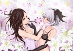  2girls black_gloves bra brown_eyes brown_hair dress elbow_gloves eye_contact flower gloves hair_ribbon hand_on_another&#039;s_cheek hand_on_another&#039;s_chin hand_on_another&#039;s_face highres lily_(flower) long_hair looking_at_another midriff multiple_girls navel one_side_up open_mouth original red_eyes ribbon short_hair underwear underwear_only white_dress white_gloves white_hair yuri 