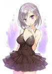 1girl black_dress breasts cleavage covered_nipples dress finger_to_mouth flower hair_flower hair_ornament looking_at_viewer minoa_(lastswallow) original red_eyes silver_hair sleeveless sleeveless_dress smile solo violet_eyes 