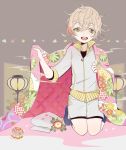  1boy blonde_hair haori hat hat_removed headwear_removed jacket japanese_clothes lantern male_focus monoyoshi_sadamune open_mouth petals seiza sekimo shippou_(pattern) shorts sitting smile solo temari_ball touken_ranbu track_jacket yellow_eyes 