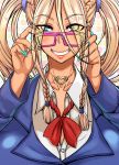  1girl adjusting_glasses aqua_nails bespectacled blazer blonde_hair blue_eyes blush breasts dark_skin eyebrows eyebrows_visible_through_hair eyeshadow fingernails galko&#039;s_sister glasses grin hair_between_eyes hair_over_eyes heart heart_necklace huge_breasts jacket jewelry kogal lips long_fingernails long_hair makeup nail_polish necklace niu_ju_(orange_bull) oshiete!_galko-chan pink-framed_glasses smile solo twintails upper_body 