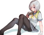  1girl black_legwear blue_eyes breasts buttons dripping eyes_visible_through_hair gloves grey_skirt hair_ornament hair_over_one_eye hairclip hamakaze_(kantai_collection) highres kantai_collection large_breasts mugcup neckerchief pantyhose pleated_skirt school_uniform see-through serafuku short_hair short_sleeves silver_hair simple_background sitting skirt solo towel towel_around_neck wet wet_clothes white_background white_gloves white_hair 