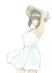  1girl armpits brown_eyes brown_hair commentary_request cowboy_shot dress girls_und_panzer hand_on_headwear harukon_(halcon) hat highres looking_at_viewer nishizumi_maho simple_background sleeveless sleeveless_dress solo spaghetti_strap sun_hat sundress white_background wind wind_lift 