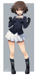  1girl akiyama_yukari bangs bare_legs boots brown_eyes brown_hair clenched_hands commentary_request dated eyebrows eyebrows_visible_through_hair girls_und_panzer gloves hair_between_eyes ikeshita_moyuko jacket messy_hair open_mouth pleated_skirt school_uniform skirt socks solo 