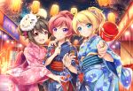  3girls :d alpaca ayase_eli bibi_(love_live!) black_hair blonde_hair blue_eyes blush candy_apple fish girl_sandwich goldfish hand_on_another&#039;s_shoulder japanese_clothes kimono lantern long_hair looking_at_viewer love_live!_school_idol_project mask multiple_girls nishikino_maki open_mouth paper_lantern ponytail red_eyes redhead sandwiched short_hair smile summer_festival twintails vashaps2 violet_eyes yazawa_nico yukata 