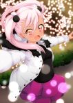  1girl :d absurdres blurry bokeh chloe_von_einzbern dark_skin depth_of_field fate/kaleid_liner_prisma_illya fate_(series) fur_trim hair_bobbles hair_ornament highres hood hooded_jacket jacket lens_flare long_hair looking_at_viewer multicolored_eyes open_mouth outstretched_arms pink_eyes pink_hair skirt smile solo spread_arms tekku_(07201115) twintails winter_clothes yellow_eyes 