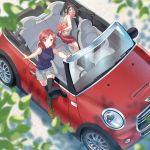  2girls bare_shoulders black_eyes black_hair car convertible from_above gagged hair_ribbon highres looking_at_viewer love_live!_school_idol_project mini_cooper motor_vehicle multiple_girls nishikino_maki redhead restrained ribbed_sweater ribbon shorts sleeveless sleeveless_turtleneck sweater thigh-highs tomiwo turtleneck twintails vehicle violet_eyes yazawa_nico 