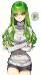  1girl c.c. code_geass creayus earrings green_hair jewelry long_hair looking_at_viewer miniskirt open-chest_sweater ribbed_sweater skirt slice_of_pizza solo spoken_food sweater thinking turtleneck yellow_eyes 