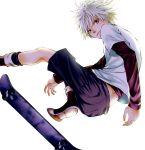  1boy backlighting highres hunter_x_hunter killua_zoldyck lavender_eyes looking_at_viewer male_focus shorts skateboard smile solo white_hair yukino_(0722) 