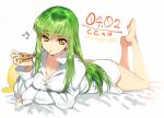  1girl ass barefoot beamed_quavers breasts c.c. cleavage code_geass creayus dress_shirt eating food full_body green_hair legs_up long_hair looking_at_viewer lying musical_note naked_shirt on_stomach pizza shirt simple_background smile solo the_pose white_background white_shirt yellow_eyes 