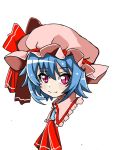  1girl ascot blue_hair bow denden_taiko fang frilled_shirt_collar frills hat hat_ribbon highres jewelry mob_cap pink_eyes red_bow red_ribbon remilia_scarlet ribbon shirt short_hair simple_background smile solo touhou white_background 