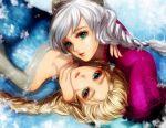  2girls anna_(frozen) blonde_hair blue_eyes braid cape elsa_(frozen) esther frozen_(disney) long_hair looking_at_viewer looking_up lying multiple_girls siblings single_braid sisters snowflakes white_hair 