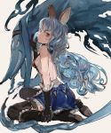  1girl animal_ears backless_outfit bangs bare_shoulders black_boots black_gloves black_legwear blue_hair blue_skirt boots bow breasts commentary curly_hair elbow_gloves erun_(granblue_fantasy) expressionless eyebrows eyebrows_visible_through_hair ferry_(granblue_fantasy) frilled_skirt frills gloves granblue_fantasy hair_between_eyes hand_on_leg high_heel_boots high_heels long_hair looking_at_viewer looking_to_the_side nuda sideboob sitting skirt thigh-highs thigh_boots violet_eyes wariza white_background 