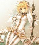  1girl ass_visible_through_thighs belt blonde_hair chain fate/extra fate/extra_ccc fate_(series) green_eyes ice_(ice_aptx) lock padlock saber_bride saber_extra skin_tight solo sword veil weapon 