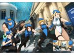  2boys 3girls abel_(street_fighter) alternate_color backpack bag beret black_legwear blonde_hair boots braid breasts brown_hair cammy_white combat_boots facial_hair fingerless_gloves george_ginzu gloves goatee gun hat headband juli juni leotard multiple_boys multiple_girls muscle official_art omar_dogan orange_hair pantyhose player_2 rifle running street_fighter street_fighter_v twin_braids udon_entertainment weapon 