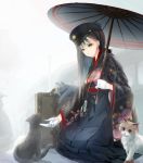  1girl black_hair brown_eyes cat gloves hat japanese_clothes kikivi long_hair oriental_umbrella original solo umbrella 