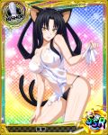  1girl :p animal_ears bishop_(chess) black_hair breasts card_(medium) cat_ears cat_tail character_name chess_piece cleavage covered_nipples hair_rings high_school_dxd kuroka_(high_school_dxd) large_breasts multiple_tails official_art solo swimsuit tail tongue tongue_out torn_clothes towel trading_card yellow_eyes 