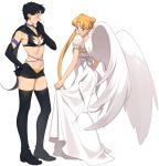  2girls absurdres aconitea angel_wings beads bikini_top bishoujo_senshi_sailor_moon black_gloves black_hair blonde_hair blue_eyes blush boots bow breasts cleavage closed_eyes double_bun dress earrings elbow_gloves embarrassed gloves groin hair_beads hair_ornament hair_tubes hand_on_hip highres jewelry multiple_girls navel ponytail princess_serenity sailor_star_fighter seiya_kou short_shorts shorts skirt_hold sweatdrop thigh-highs thigh_boots tsukino_usagi twintails white_background white_bow white_dress white_wings wings 