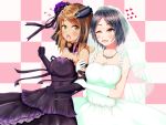  black_hair breasts bridal_veil bride brown_eyes brown_hair dress elbow_gloves gloves hayami_kanade highres hitofudegaki_usagi houjou_karen idolmaster idolmaster_cinderella_girls long_hair short_hair smile veil wedding_dress wife_and_wife yellow_eyes yuri 