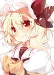  1girl ascot blonde_hair blush crying crying_with_eyes_open flandre_scarlet hat hat_ribbon kazato_fuuchi looking_at_viewer mob_cap puffy_sleeves red_eyes ribbon shirt short_sleeves side_ponytail simple_background smile solo tears touhou upper_body vest white_background 