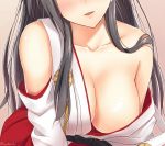  1girl black_hair blush breasts cleavage faceless faceless_female haruna_(kantai_collection) japanese_clothes kanden_suki kantai_collection large_breasts long_hair nontraditional_miko open_mouth solo 