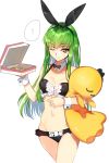  ... 1girl ;3 animal_ears breasts c.c. cheese-kun cleavage code_geass creayus detached_collar food green_hair long_hair looking_at_viewer navel one_eye_closed pizza pizza_box rabbit_ears revision simple_background smile solo spoken_ellipsis sweatdrop twitter_username white_background wrist_cuffs 