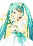  1girl :d aqua_eyes aqua_hair bell bracelet dress flower hair_flower hair_ornament hatsune_miku heterochromia holding holding_flower jewelry jingle_bell lily_(flower) long_hair looking_at_viewer open_mouth smile solo sparkle twintails very_long_hair vocaloid white_dress yellow_eyes 