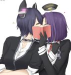  2girls book checkered checkered_necktie closed_eyes covering_face gloves headgear heart kantai_collection kiss looking_at_viewer mechanical_halo multiple_girls necktie purple_hair short_hair star tatsuta_(kantai_collection) tenryuu_(kantai_collection) udon-udon yellow_eyes yuri 