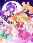  3girls :d asahina_mirai ashita_wa_hitsuji bear black_gloves black_hat blonde_hair blue_eyes bow commentary_request creature cure_magical cure_miracle dress flower full_moon gem gloves green_dress ha-chan_(mahou_girls_precure!) hair_bow hair_flower hair_ornament hat highres izayoi_liko long_hair looking_at_viewer magical_girl mahou_girls_precure! mini_hat mini_witch_hat mofurun_(mahou_girls_precure!) moon multiple_girls open_mouth pink_bow pink_hair pink_hat pink_skirt ponytail precure purple_hair purple_skirt red_bow short_hair skirt smile symbol-shaped_pupils violet_eyes white_gloves witch_hat 