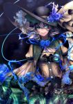  1girl absurdres bifrst blue_rose bow commentary_request cowboy_shot dress eyeball floral_print flower green_eyes hat hat_bow hat_flower hat_ribbon highres komeiji_koishi long_sleeves looking_at_viewer ribbon rose short_hair silver_hair smile solo third_eye touhou wide_sleeves yellow_dress yellow_ribbon 
