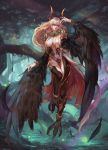  1girl aurora_rokudo blonde_hair breasts covered_nipples feathers forest harpy highres horns large_breasts long_hair monster_girl nature red_eyes solo talons thigh-highs tree wings 