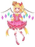  1girl absurdres alternate_wings blonde_hair blush bow commentary_request crown dress fang flandre_scarlet full_body gloves hair_bow hair_ribbon hanen_(borry) highres jewelry looking_at_viewer mary_janes necklace open_mouth pink_dress pink_shoes puffy_short_sleeves puffy_sleeves red_bow red_eyes ribbon shoes short_hair short_sleeves side_ponytail simple_background skirt skirt_hold smile socks solo striped striped_legwear touhou vampire white_background wings 