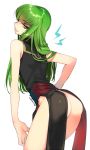  1girl ass c.c. code_geass creayus green_hair long_hair looking_back no_panties revealing_clothes simple_background smile solo twitter_username white_background yellow_eyes 