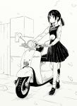  1girl black_hair greyscale hiwatari_rin monochrome motor_vehicle school_uniform scooter short_hair solo twintails vehicle 