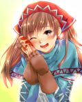  1girl alicia_melchiott blush bread brown_eyes brown_hair food kaben one_eye_closed senjou_no_valkyria smile solo 