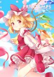  1girl ascot blonde_hair blue_sky clouds flandre_scarlet hat hat_ribbon looking_at_viewer mimi_(mimi_puru) mob_cap puffy_short_sleeves puffy_sleeves red_eyes ribbon shirt short_sleeves skirt skirt_set sky solo touhou vest wings wrist_cuffs 