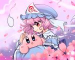  1girl 1other atto_maru blue_eyes blush_stickers cherry_blossoms crossover cute eye_contact hal_laboratory_inc. hat hitodama hoshi_no_kirby human kirby kirby_(series) long_sleeves looking_at_another mob_cap nintendo open_mouth parted_lips petals pink_hair pink_puff_ball profile red_eyes ribbon saigyouji_yuyuko short_hair smile team_shanghai_alice touhou trait_connection triangular_headpiece upper_body veil wide_sleeves 