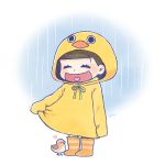  1boy :d ^_^ animal_hood ayu_(mog) bird boots brown_hair closed_eyes duck_hood heart heart_in_mouth hood male_focus matsuno_juushimatsu open_mouth osomatsu-kun osomatsu-san rain raincoat smile 