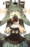  1girl cats_brain chocolate chocolate_syrup dress gloves green_eyes green_hair hair_ribbon hatsune_miku long_hair looking_at_viewer plate ribbon solo twintails very_long_hair vocaloid 