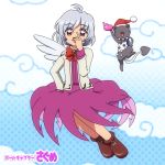  1girl :3 angel_wings blue_sky book bow braid brooch cardcaptor_sakura clamp_(style) clouds commentary doremy_sweet dress hat jacket jewelry kero kero_(cosplay) kishin_sagume long_sleeves looking_at_viewer nightcap open_clothes open_jacket open_mouth parody purple_dress red_eyes shirosato silver_hair single_braid single_wing sky smile style_parody touhou wings 