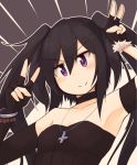 1girl amano_kouki arm_cuffs armpits bare_shoulders black_dress black_gloves black_hair bracelet choker closed_mouth cross double_v dress elbow_gloves fingerless_gloves flat_chest gloves jewelry kaginoni long_hair necklace note-chan original simple_background smile solo twintails v violet_eyes 