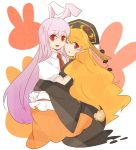  2girls animal_ears black_dress blonde_hair bunny_tail chinese_clothes dress hat junko_(touhou) kemonomimi_mode long_hair long_sleeves looking_at_viewer multiple_girls necktie one_eye_closed open_mouth purple_hair rabbit_ears red_eyes red_necktie reisen_udongein_inaba simple_background skirt tabard tail tama_(hiroshige_36) touhou very_long_hair white_background wide_sleeves 