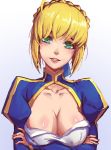  1girl ahoge blonde_hair blush breasts cleavage fate/stay_night fate_(series) green_eyes looking_at_viewer mool_yuegang saber shiny shiny_hair shiny_skin solo tongue tongue_out 
