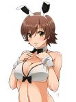  1girl animal_ears bikini_top breasts brown_hair bunny_girl cleavage honda_mio idolmaster idolmaster_cinderella_girls large_breasts parted_lips rabbit_ears shift_(waage) shiny shiny_skin short_hair simple_background smile solo tongue tongue_out upper_body 
