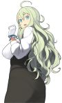  1girl @_@ accho_(macchonburike) ahoge blue_eyes breasts character_request copyright_request gloves green_hair huge_breasts long_hair open_mouth pantylines simple_background solo white_background white_gloves 